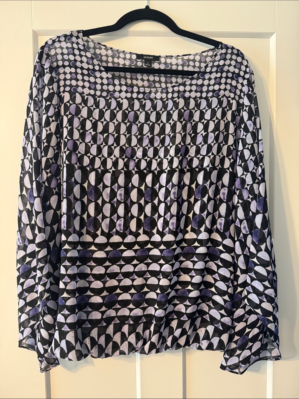 Alfani Black & Lavender Geometric Long-Sleeve Blouse